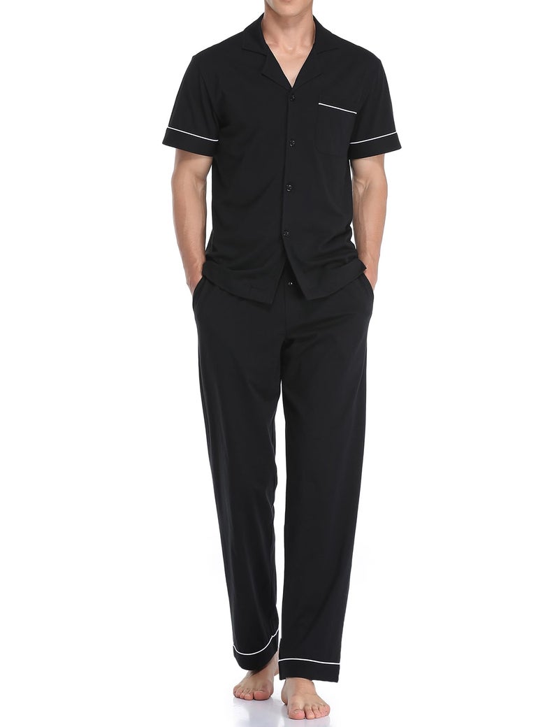 COLORFULLEAF Men's 100% Cotton Pajamas Set Button Down Sleepwear Short Sleeve and Long Pants Pjs (Black,XL) - Image 1